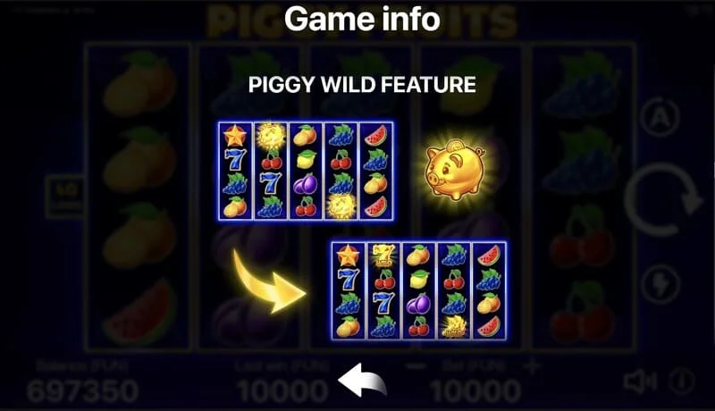 Piggy Fruits - màn hình trò chơi với lưới 5x4 và các biểu tượng trái cây